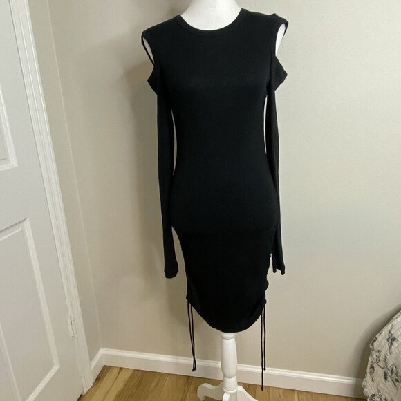 Helmut Lang Black Bodycon Rib Lacing Long Sleeve Dress Thumb Holes Medium - Picture 4 of 13